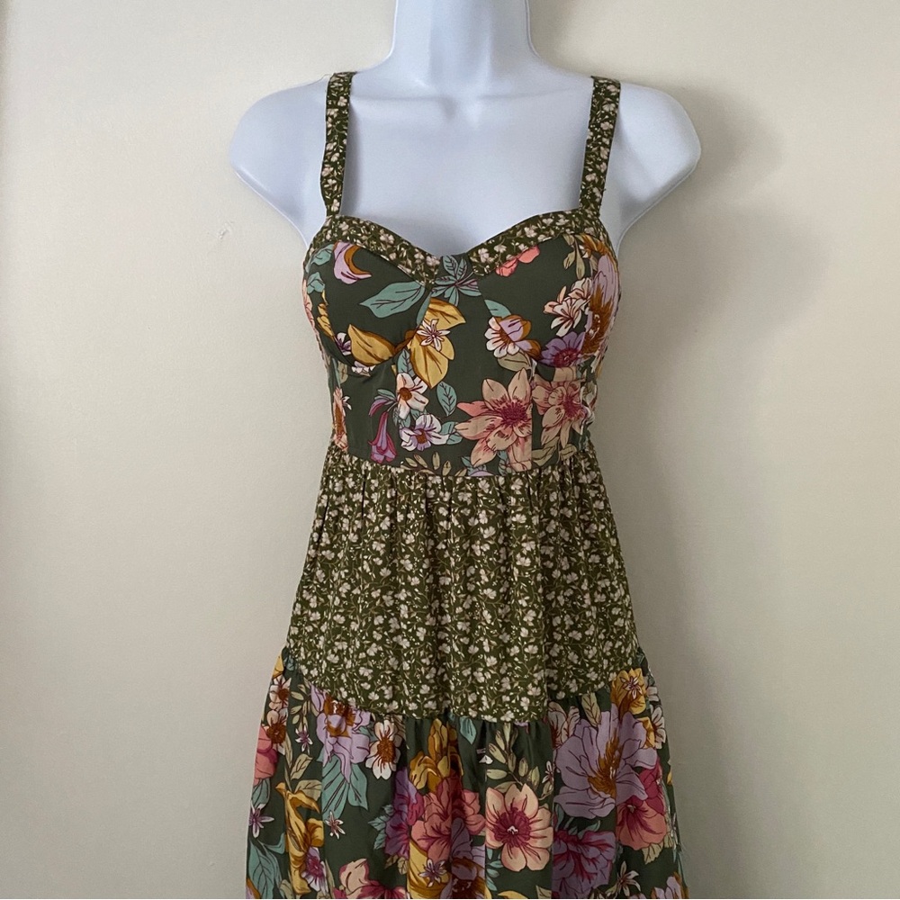 Olive Green Floral Maxi Dress with Tiered Skirt - Picture 11 of 11